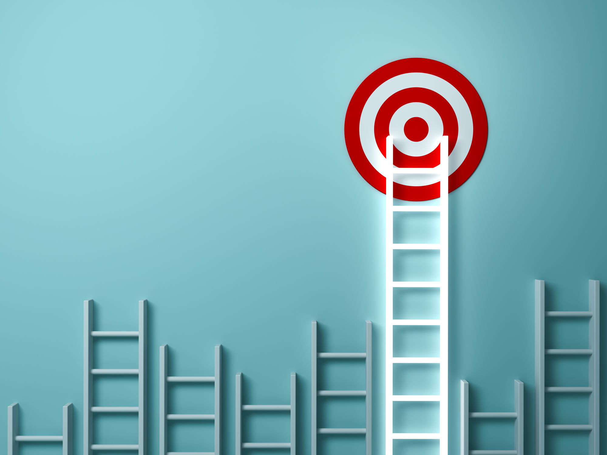Stand out from the crowd and different creative idea concepts , Longest light ladder glowing and aiming high to goal target among other short ladders on green background with shadows . 3D rendering